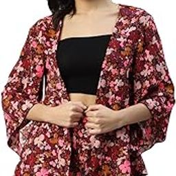 Floral Print Summer Cool Shrug & Shorts Set|Open Front Full Bell Sleeves Shrug & Elasticated Waist Shorts Western Casual Wear Girls Cord Set Outfit for Ladies (Multicolor)-24