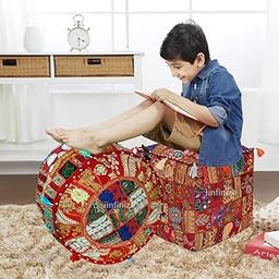 iinfinize Handmade Round Pouf Cover 16 Inch Living Room Chair Furniture Stool Decorative Footstool Pouff Cover Patchwork Desgin Ottoman Pouf Case (Maroon)-image-85