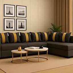 FURNY Premium Maddix 6 Seater Fabric RHS L Shape Sofa Set for Living Room (Dark Grey)-image-85