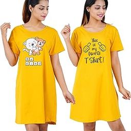 Printed Cotton Short Night Dress for Women 2 Pcs Combo Be Kind Yellow This is My Favorite T-Shirt Yellow-image-60