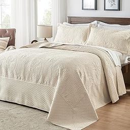 Qucover Alaska King Bedspread 132x 120, Oversized King Bedspread Extra Wide, 3 Piece Soft Microfiber Lightweight Oversized King Quilts Bedding Set, Quilting Persian Pattern, with Pillow Shams, Beige-image-18