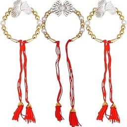 Ritya Creation Pearl and Gold Bead Rakhi with Crystal Bow Design, Red Tassel, Set of 3-5