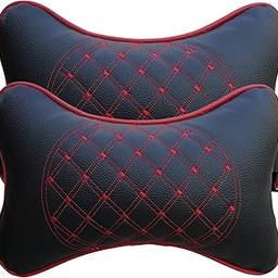 DETACHI Faux Leather Car Neck Rest Pillow/Cushion Set of Pillows Compatible with All Cars (Black, with RED Embroidery) - Pack of 2 Pieces-9