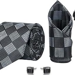 Men's Check Micro Wooven Silk Necktie Gift Set With Pocket Square Cufflinks & Brooch Pin Tie for Men Formal Tie Set with Box (Pack of 4) (AX11_1, Black)-12