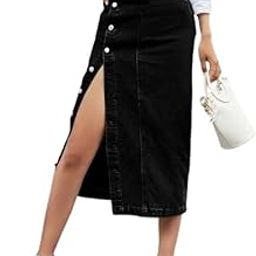 Z Black Side Button Plain Straight Maxi Denim Woman Skirt 14200-image-68
