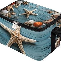 Lunch Bags for Women Men 9 Cans,Starfishes Sea Shell Hot & Cold Food Delivery Bag Insulated Grocery Bag Insulated Lunch Box Wooden Cooler Bag for Office Work Picnic Beach-image-46