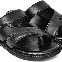 Men's Leather Thong Slippers, Black, Casual Comfort Sandals with Cushioned Footbed-image-99