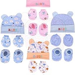 MOM'S Darling Cotton Cap, Mittens and Booties Set for New Born Baby (0-6 Months) - Pack of 4 Pairs for Baby Boy & Girl 0-6 Months| New Born Baby Products | Baby Shower Gift, Cap Set(Multicolor)-1