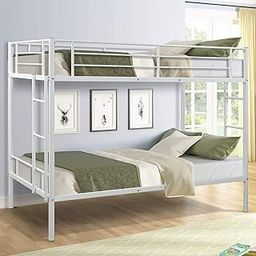 Twin Over Twin Metal Bunk Bed Frame, Glossy White Finish, Heavy-Duty Steel Bunk Bed with Two-Side Ladders & Guardrails, Space-Saving Design for Teens, No Box Spring Needed-image-5