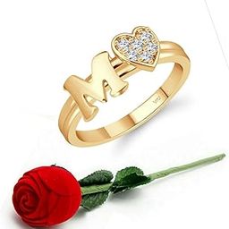 Vighnaharta cz alloy Gold and Rhodium plated Valentine collection Initial '' M '' Letter with heart ring alphabet collection with Scented Velvet Rose Ring Box for women and girls and your Valentine.-6