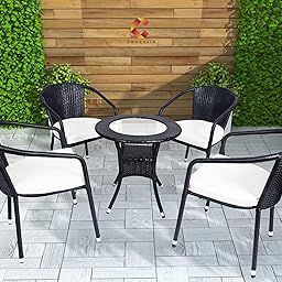 Corazzin Rattan Wicker 4 Seater Cushioned Patio Table And Chair Set Garden Coffee Table Set With 1 Table And 4 Chairs Set Outdoor Furniture (Black) - 24 Inch-image-58