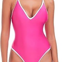 Women's One Piece Swimsuit Sports Adjustable Strap Bathing Suit Color Block Ribbed High Cut Swimsuits, Black&Pink-image-29
