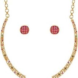 Women's & Girl's 24K Gold-Plated Handcrafted Artificial Filigree Temple Jewelry Set-Ruby, Emerald Cubic Zircon Studs & Pearl Beaded-Matching Earrings Perfect For Weddings And Special Occasions-44