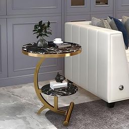 Vought Store 2 Tier Metal Frame C Shaped Marble Look Coffee Table End Table Snackes Tea Table Sofa Side Table for Living Room Bedroom Hallway (Black Gold)-16