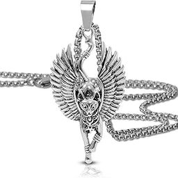 Oxidised Silver Egypt Ancient Egyptian Statue Cat God Wings Pendant Necklace For Men-image-99