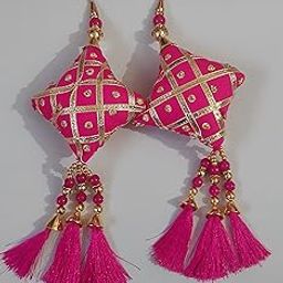 Libas Fashion Plastic Women's Hand Made Work Ethnic Lehenga Hanging Tassel Latkan (Golden And Pink) Set Of 2-image-17