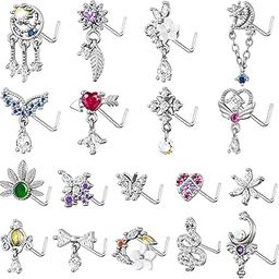 18Pcs 18G Nose Rings L Shape Nose Ring Stud for Women-Butterfly Nose Ring - Heart Nose Ring- Gold Nose Studs for Women-image-25