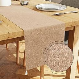 Encasa XO 4 Seater Dining Embossed Velvet Table Runner | Size 32X150 Cm | Beige Color With Premium Polyester - Machine Washable, Large-image-6