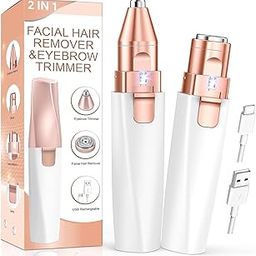 Painless 2 in 1 Rechargeable hair removal trimmer for women with Replaceable Heads, upper lip hair remover for women Eyebrow Razor face trimmer (Beige)-53