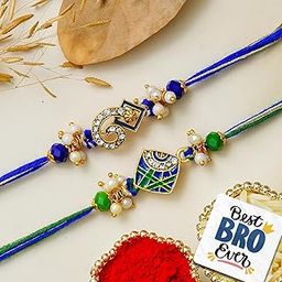 eCraftIndia Set of 2 Purple Floral & Pearl Designer Rakhis with Roli Chawal Pack and Best Bro Ever Fridge Magnet - Rakhi for Brother-image-18
