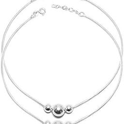 925 Pure Silver 3 Moving Ball Threaded Snake Pattern Anklet/Payal in Pure for Girls & Women - Pair-40