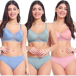 Hoor Beauty Women Cotton Blend Lightly Padded Bra Panty Set Pack of 3-image-11