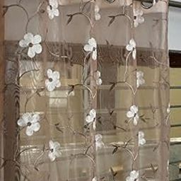 Glorious Sheer Curtains Flower Print Vine Embroidery Bedroom Curtain Rod Pocket Voile Window Curtains for Living Room (Brown, 5-feet)-image-23