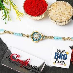 eCraftIndia Golden Sky Blue Beautiful Flowers Designer Rakhi for Brother | Raksha Bandhan Rakhi for Bhai Bhaiya | Best Bro Ever Fridge Magnet | Roli Chawal Pack-26