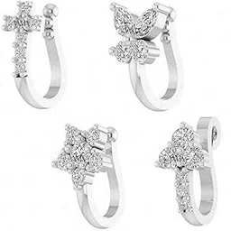 vama FASHIONS Trendy Silver Plated White Stone Non Piercing Clip on Nose Pin Pressing Type Nosering for Women & Girls-picture-1