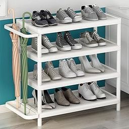 Amazon Brand – Umi 4 Tier Plastic Shoe Rack for home Chappal Slipper Sneakers Stand with Umbrella Holder Space Saving Multi-Functional Storage Shoe Organiser for Living Room Home & Office - White-32