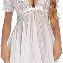 Women's Sexy Lace Babydoll Lingerie Sheer Mesh Nightwear with G-String – Deep V-Neck Sleepwear with Satin Bow Tie-image-88