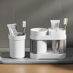 Cortina All-in-One Bathroom Organizer, Toothbrush Holder, Toothpaste Shelf & Rinse Cup Set, Brush Stand | Off-White - Grey, Single Cup-image-40