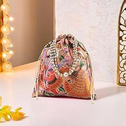 Heart Home 8x9 Inch Potli Bag For Women & Girls With Pearl Handles | Gifting Handbag/Purse - Ideal For Party, Wedding & Events | Radha Krishna Print - Peach-image-7