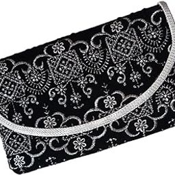 Womens Handmade Embroidered Velvet Sling Clutch Purse With Zipper, Black, Silver-image-94