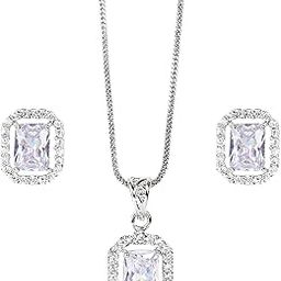Jewelry Luxury AD Pendant Gift Set for Women | Gift Pendant with 2 Earrings, Option in 10 Different Color & Design with Gold Silver Princess Cut Round Heart and Oval-image-42