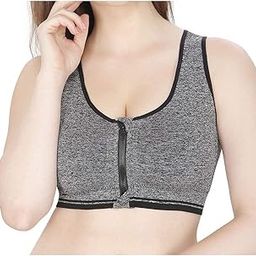 Women's Padded with Front Zipper Closure Removable Cups Stretch Fit Sports Bra ( Grey , 28-34 Inch )-image-45