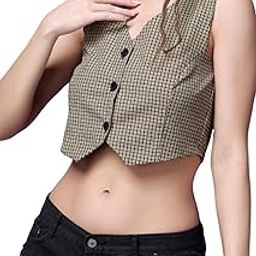 Casual Check Printed V-Neck Sleeveless Button Closure Waistcoat Crop Top for Women || Stylish Western Woman Crop Top for Summer || Sleeveless V-Neck Crop Tops for Women-24