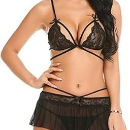 Women Sexy Lingerie Set for Women 3 Piece – Lace Bra, Sheer Mesh Mini Skirt & G-String Thong – Strappy Lingerie Babydoll Outfit – Exotic Sleepwear, Romantic Nightwear, Sexy Nighty-image-77