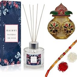 Kairvi 120ml Lavender Reed Diffuser with 5 Rattan Sticks, Sandalwood Rakhi,Kalash Thali, Roli & Chawal | Rakhi Gift Set for Brother | Long-Lasting Fragrance,Stress Relief & Aromatherapy,Made in India-3