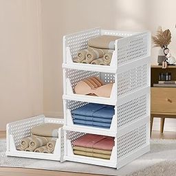 Kuber Industries Large 5 Pcs Plastic Shirt Stacking Foldable Basket|Wardrobe Organizer For Clothes| White-8