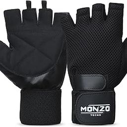 monzo Gym Gloves Men & Women with Half Finger Length and Wrist Support for Gym Workout, Weightlifting, Sports and Exercise. Tecno-Free Size Leather & Micro Nylon, Black.-image-98