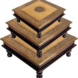 Wooden Palm Decorative Brass bajot/Antique Design/Multipurpose Stool Pooja mandir Beautiful Wood Carved Designer Chowki Bajot for Pooja Home Temple Hand Painted Stools - Multicolour (Set of 3)-8