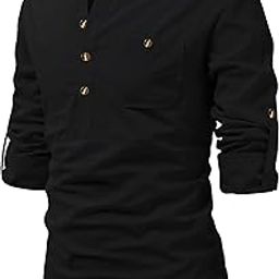 Men Pure Cotton Slim Fit Roll Up Full Sleeve Spread Collar Short Kurta with Stylish Design | Super Soft Comfortable Black Color Kurta for Casual Outings-picture-18