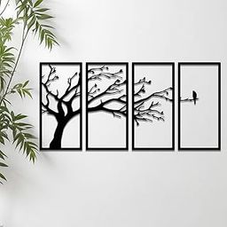 Amazon Brand - Solimo Pre-Laminated Pine Wood Bird on a Tree in Wall Art | Laser Cut Precision | For Home Décor | For Gifting (Set of 4)-32