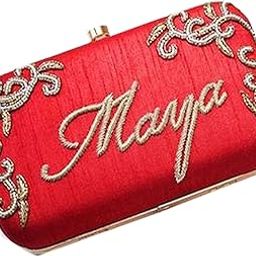 Hand Embroidery Red 8 * 4 clutch with Customized your name Double side work for women-image-40