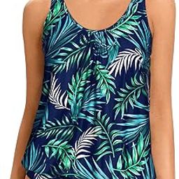 Womens Blouson Tankini Top No Bottom Loose Fit Swim Top Modest Tank Top, Blue and Leaves, Large-image-79