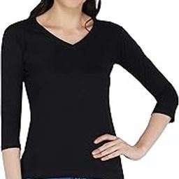 Sundish Regular Fit V-Neck 3/4th Sleeve T-Shirt for Women | Tee Tops (Black)-31