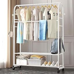Lukzer Multifunctional Metal Garment Rack Floorstanding Coat Rack Storage Organizer with 2 Bottom Shelves Heavy-Duty Display Shelf DIY (White, 35 x 120 x 168cm/A Shape)-image-75