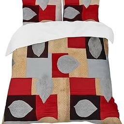 Jain Brothers King Size Modern Geometric Leaf Print Bedding Set – 230x270 cm – Red, Brown & Beige – Premium Polyester Cotton – Includes 1 Double Bed Cover & 2 Matching Pillow Covers | Pack of (4)-2
