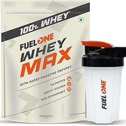 FUELONE Whey Max (Chocolate, 1kg / 2.2lbs) with Shaker (Black, 500ml) | Whey Protein Concentrate & Whey Protein Isolate | 27g Protein | Combo Pack-3